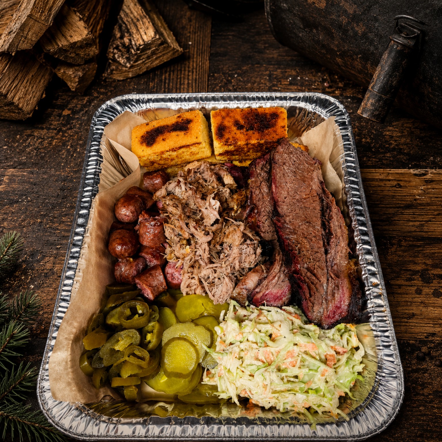 Patagón BBQ platter with brisket, pulled pork, sausages and sides