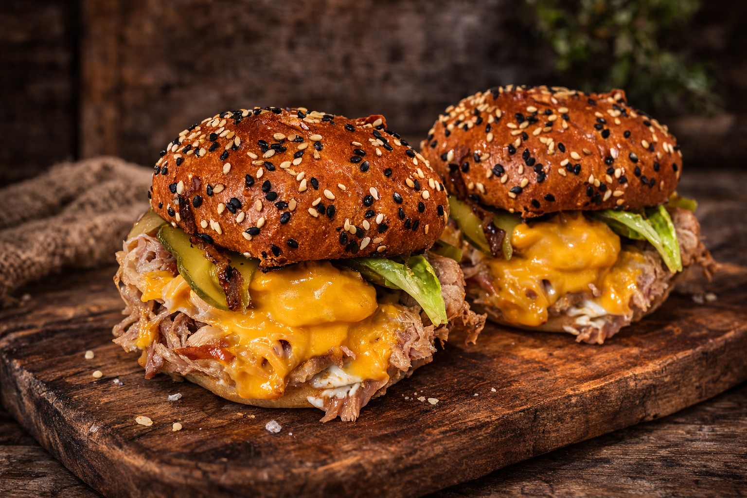 Two Patagón pulled pork sandwiches on a wooden board